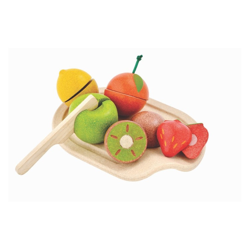 Drewniane owoce z deską do krojenia, zabawka dla małego kucharza, 18m+, Plan Toys