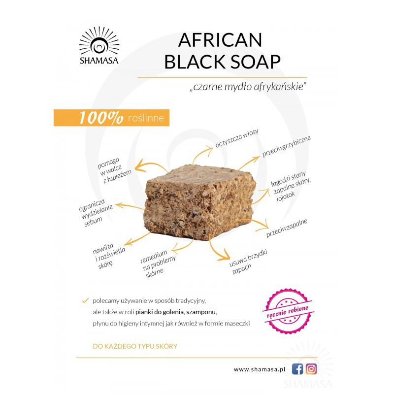 Czarne mydło afrykańskie, nadzwyczajne, naturalne, WYSOKA JAKOŚĆ, 100g, Shamasa
