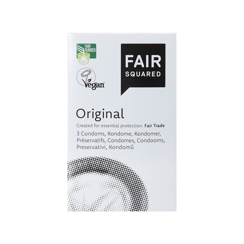 Prezerwatywy ORIGINAL, przezroczyste, z naturalnego lateksu, nawilżane, certyfikowane FAIR RUBBER, 3 szt, Fair Squared