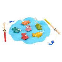 Wędkarzyki, łowienie ryb, drewniana zabawka, zestaw: 6 rybek i 2 wędki na materiale imitującym wodę, PlanToys