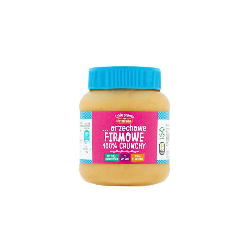 Masło orzechowe firmowe Crunchy, 100% prażonych orzechów arachidowych, bezglutenowe, 350g, Primavika
