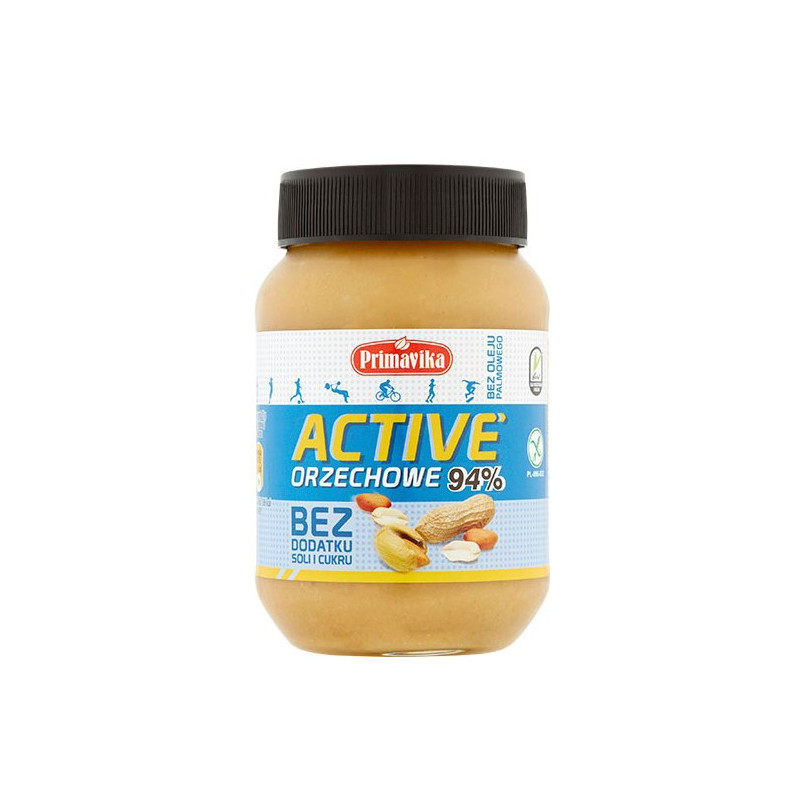 Masło orzechowe Active, 94% orzeszków arachidowych, bezglutenowe, 470g, Primavika