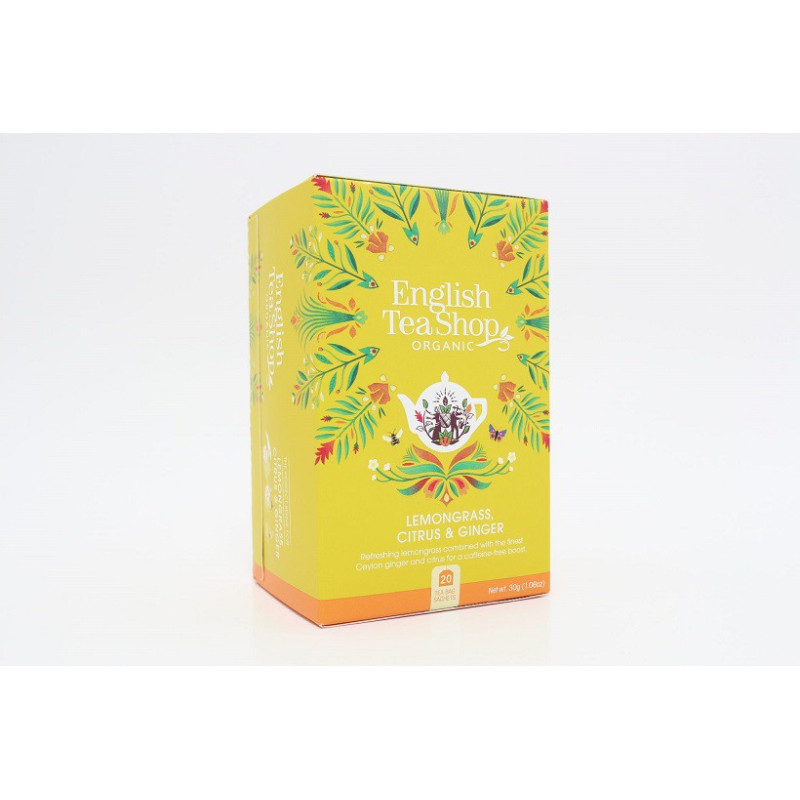 Ekologiczna herbatka ziołowa z trawą cytrynową, cytrusami i imbirem, Lemongrass Citrus Ginger, 20 x 2g, English Tea Shop