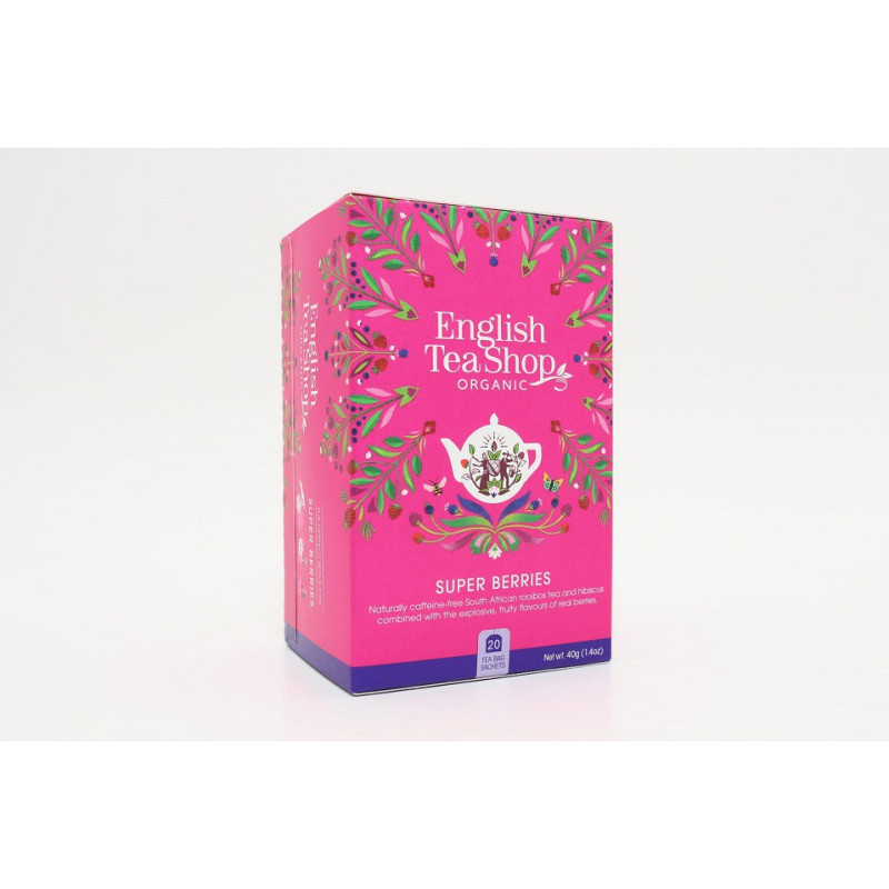 Ekologiczna herbatka ziołowa z hibiskusa z truskawkami, borówkami i malinami, Super Berries, 20 x 2g, English Tea Shop