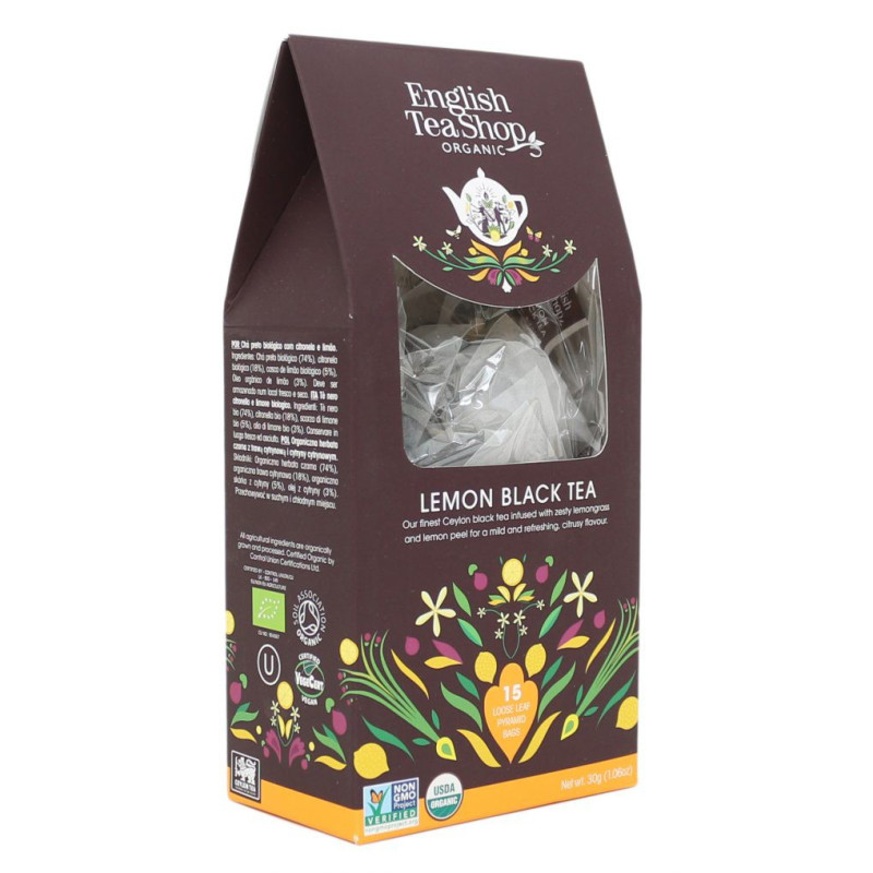 Ekologiczna herbata, Lemon Black Tea, piramidki, 15 x 2g, English Tea Shop