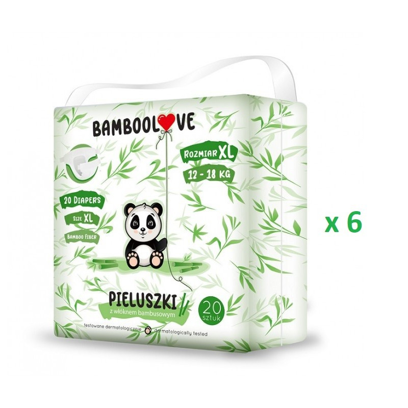 zESTAW: 6 x Pieluszki jednorazowe bambusowe, rozm. XL (12-18 kg), 20 szt., BambooLove