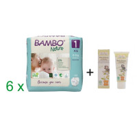 Zestaw: 6 x Pieluszki ekologiczne jednorazowe (1) XS, 2-4 kg, 22 szt., Bambo Nature + balsam ochronny, Baby Anthyllis