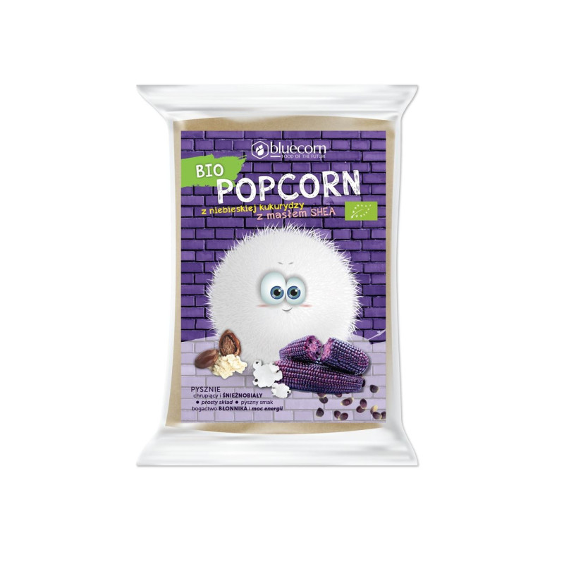 Popcorn z niebieskiej kukurydzy z masłem shea i solą, do przygotowania w mikrofalówce, bezglutenowy, BIO, 100 g, Bluecorn