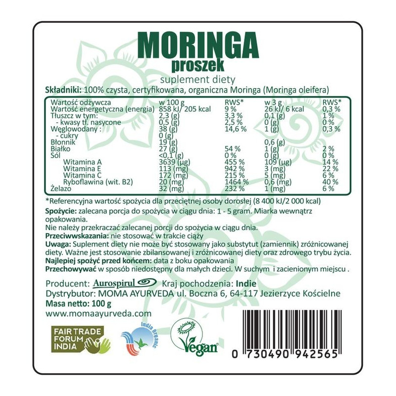 Moringa, drzewo długowieczności, proszek, 100g, Aurospirul, MOMA