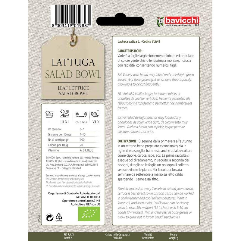 Sałata liściowa Salad Bowl, eko nasiona do wysiewu, 4,5g, Bavicchi