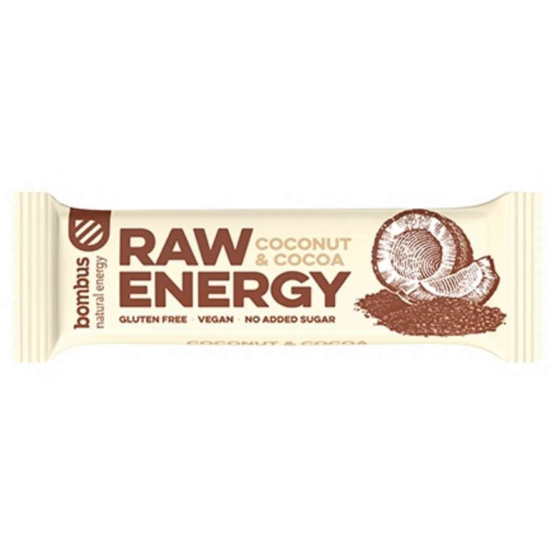 Baton RAW Energy, kokos-kakao, bez glutenu, 50 g, Bombus