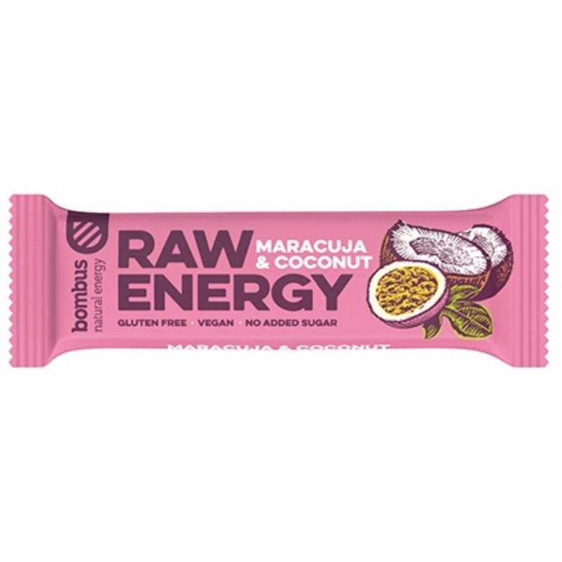 Baton RAW Energy, marakuja-kokos, bez glutenu, 50 g, Bombus